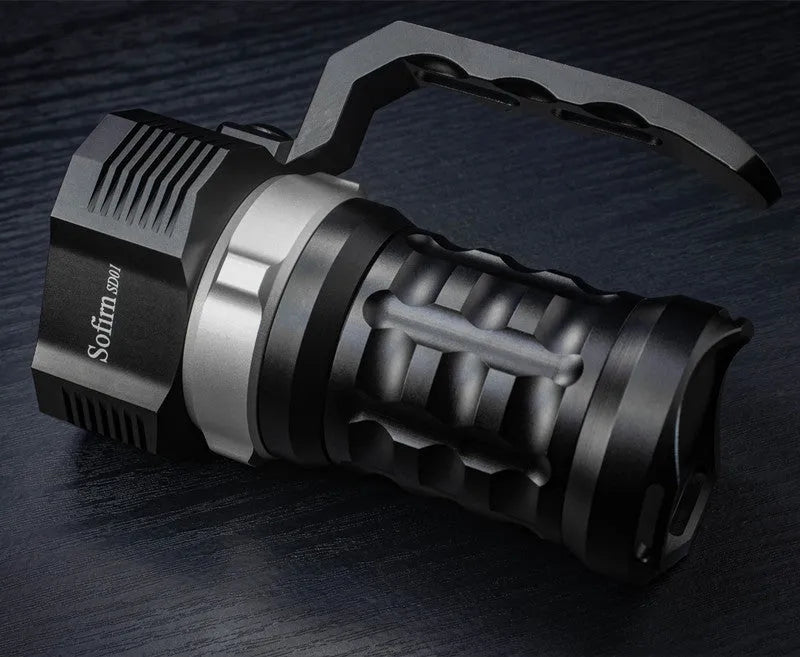 Aluminium alloy diving torch flashlight showing length and design for underwater use.