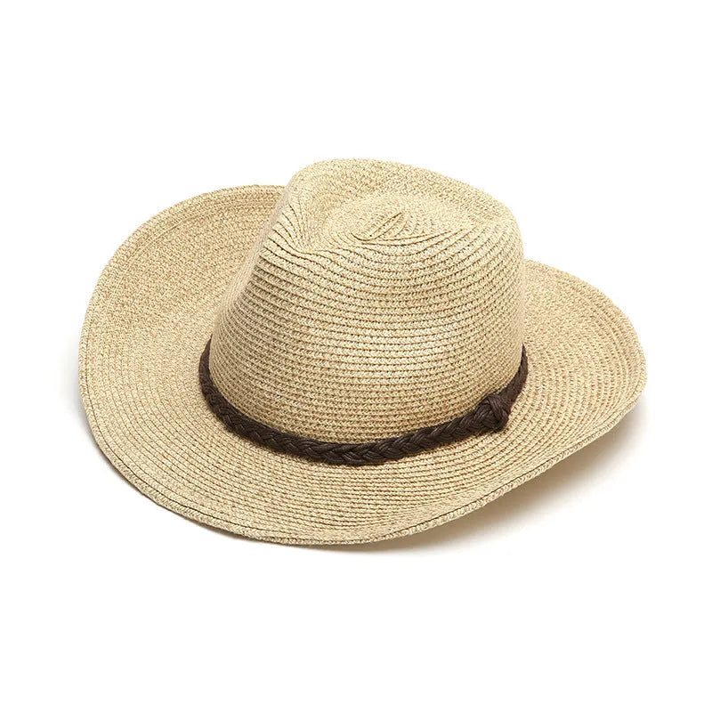 Men's foldable straw sun hat with big brim in mixed beige colour showing three size options