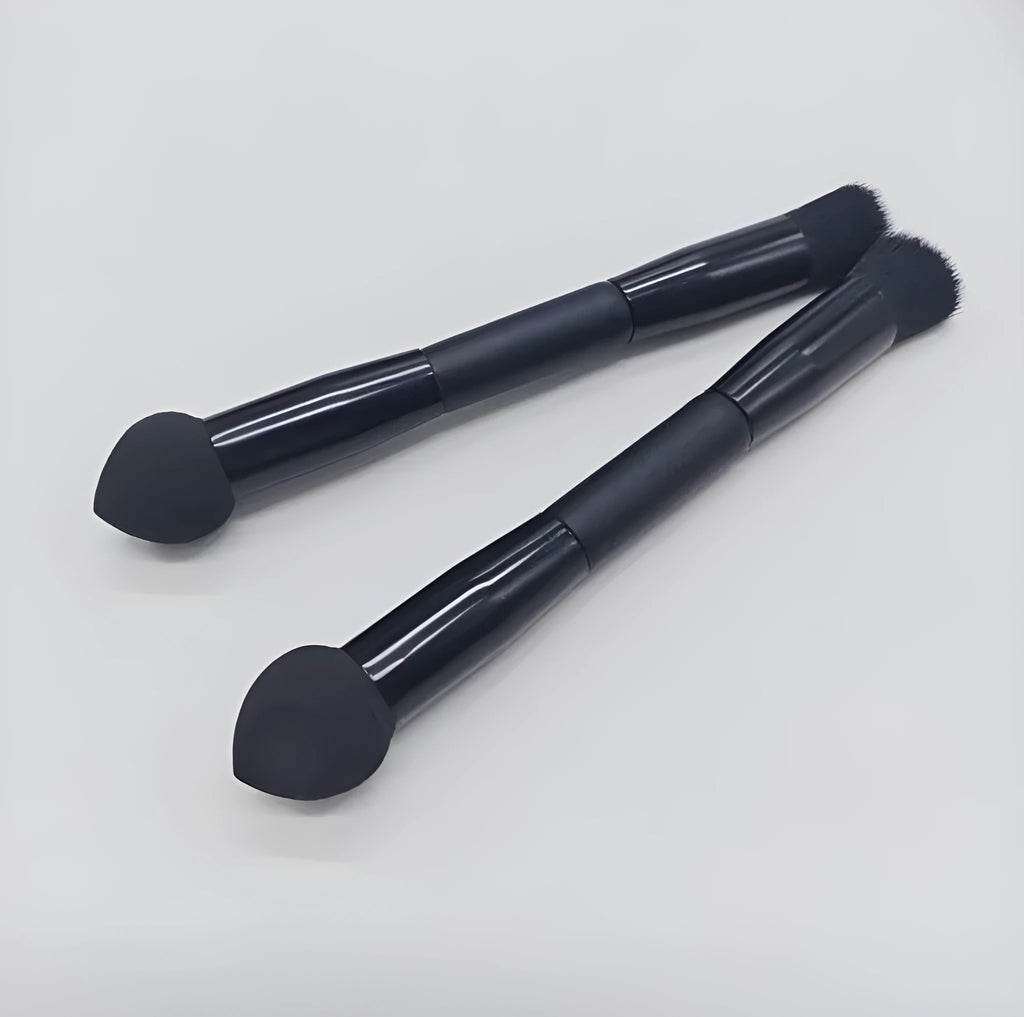 Double-headed miter sponge concealer brush with wooden handle and black artificial fibers
