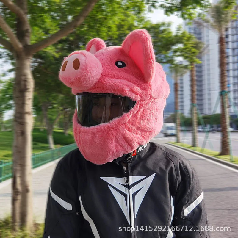 Pink pig cartoon plush motorcycle helmet protective hood made from pv velvet cloth