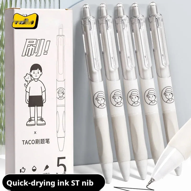 Five white and black Taco series ballpoint pens with 0.5mm black ink refills for student writing