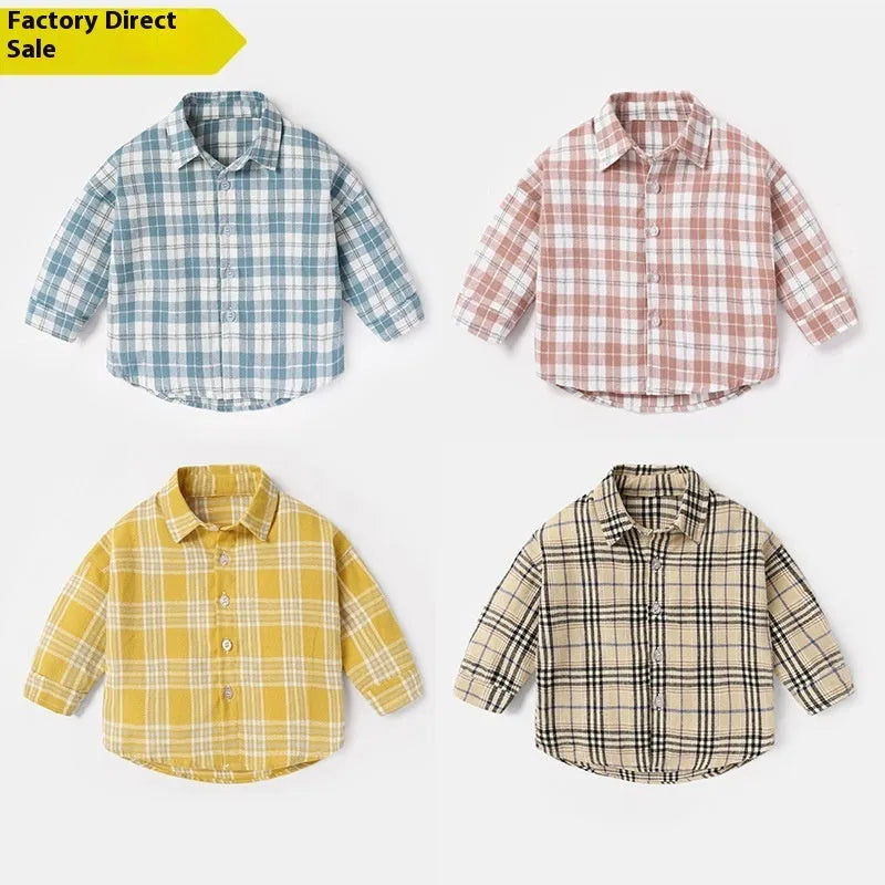 A boys' casual cotton lattice shirt with long sleeves, shown in one of four colours: khaki, light blue, pink, or yellow, featuring an animal or cartoon pattern.