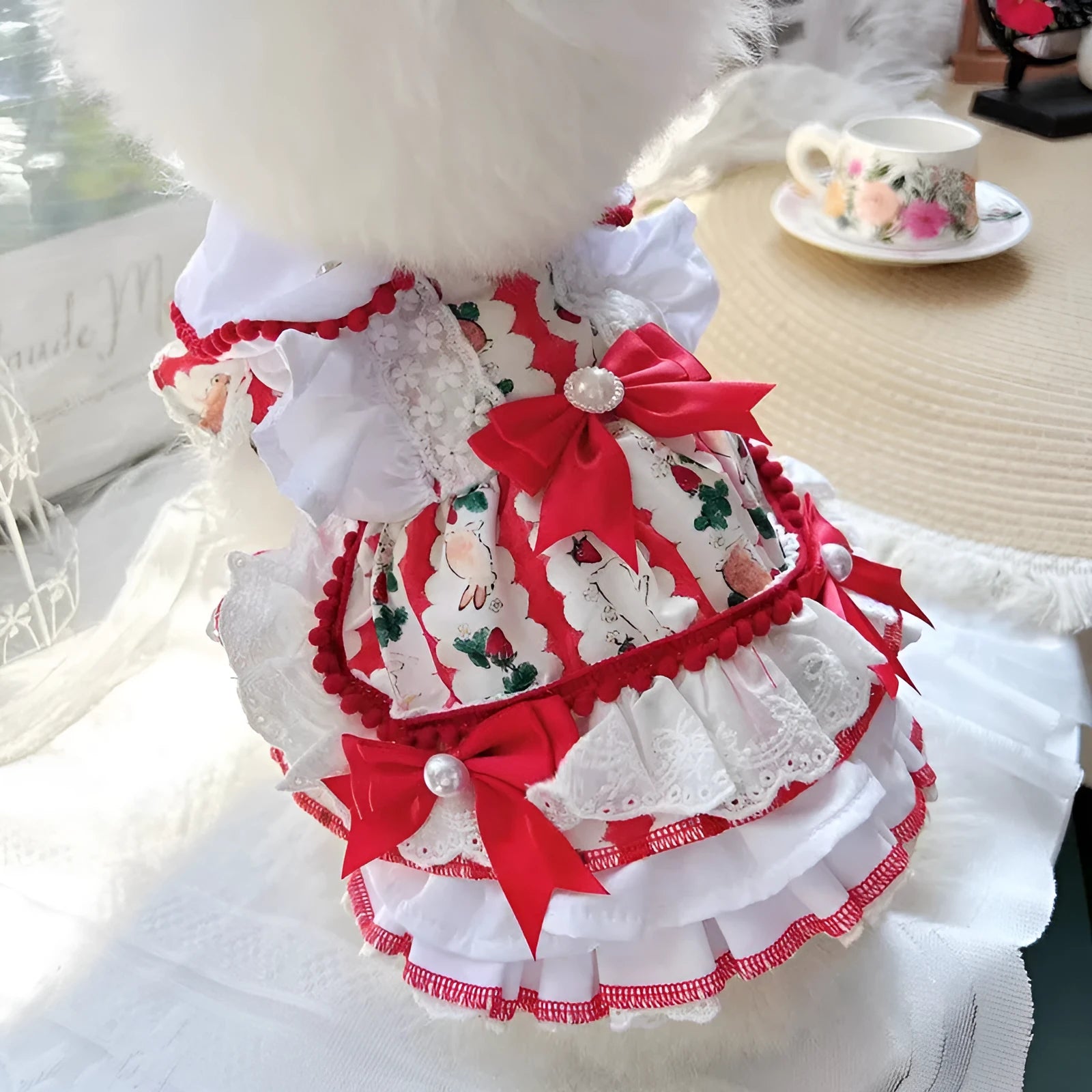 Princess-style rabbit skirt for a small dog, made of blue polyester fabric.