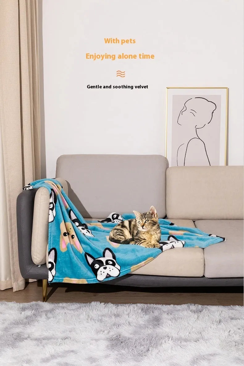 Cartoon patterned pet blanket showing blue dog design on double-sided thickened flannel material