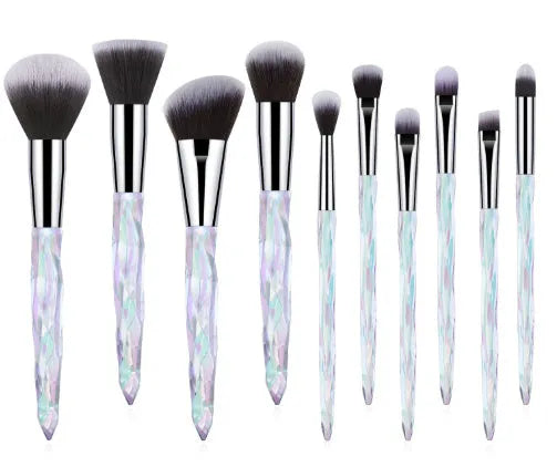 Ten clear crystal diamond-handle foundation brushes with artificial fibre bristles in four colours.