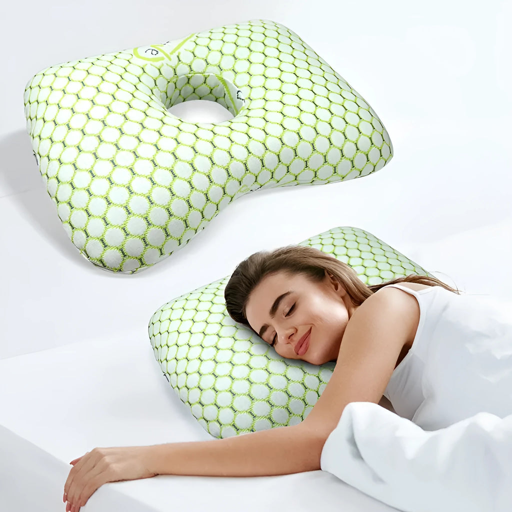 Single hole ear pillow for beauty salon use in grey colour, showing dimensions and face aperture.