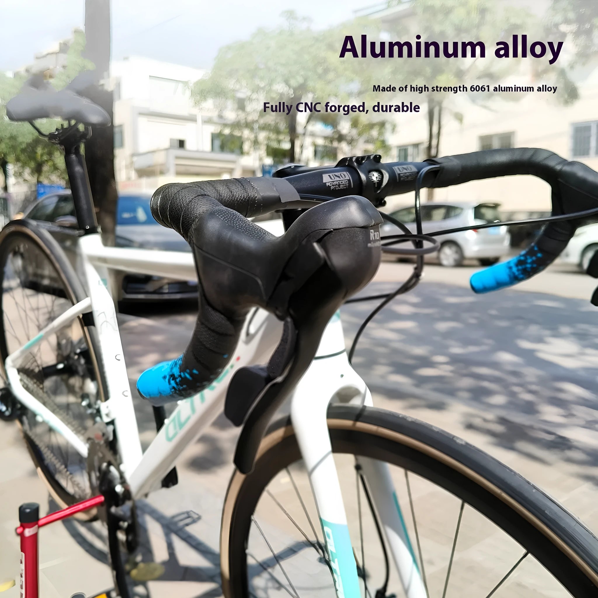 Black aluminium alloy road bike bent handlebar shown with four width size options: 380mm, 400mm, 420mm, and 440mm.