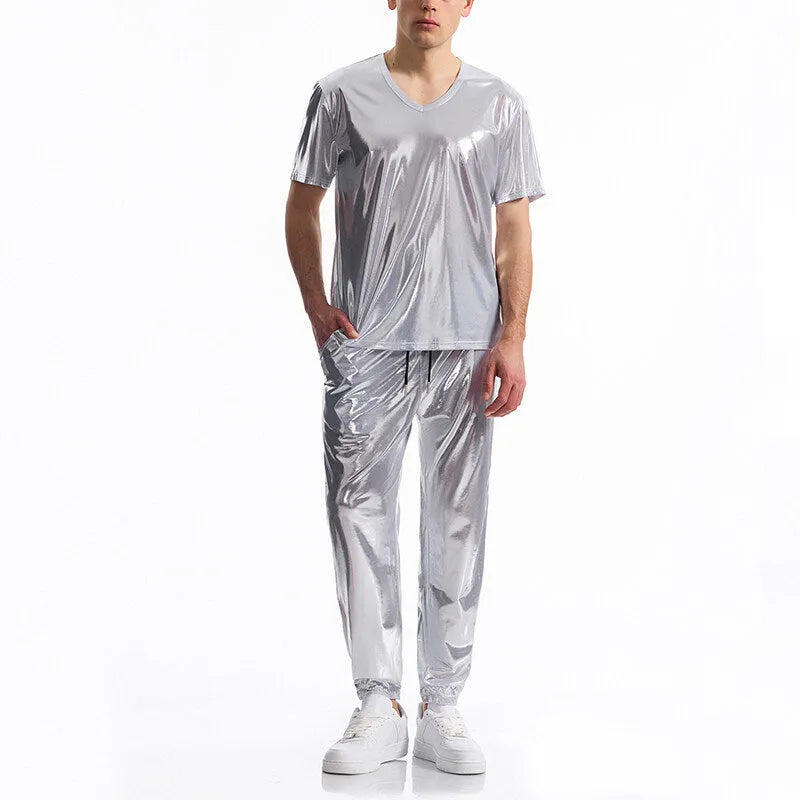 Men's bright surface bronzing disco suit with rabbit fur fabric, short sleeve t-shirt and shorts in silver colour