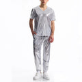 Men's bright surface bronzing disco suit with rabbit fur fabric, short sleeve t-shirt and shorts in silver colour