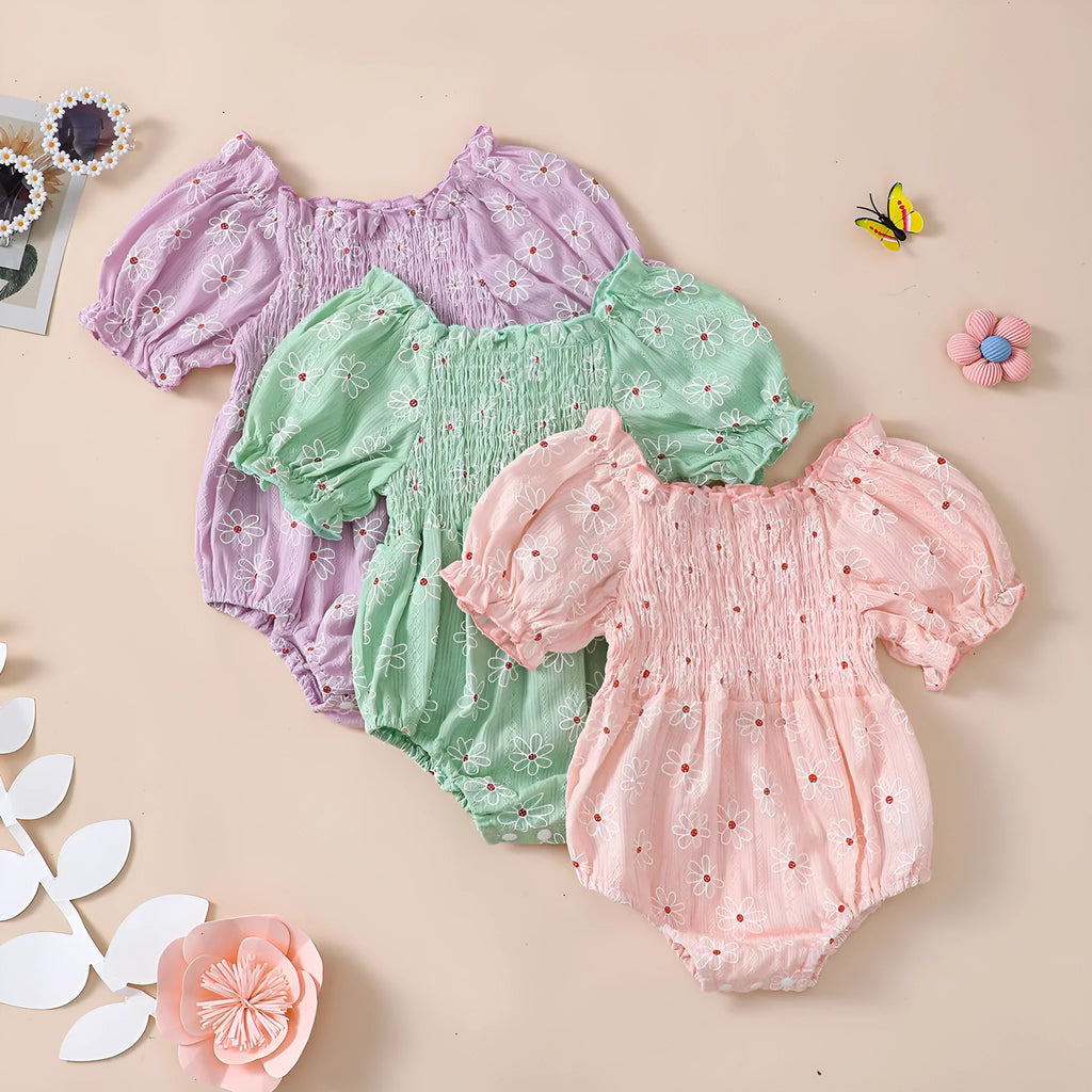 Little Sun Print Puff Sleeve Romper for baby girls in cotton suspender style, available in pink, green, light purple, sizes 70-100cm