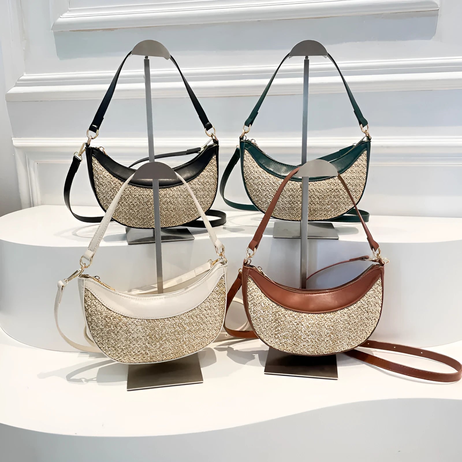 Hard straw dumpling-shaped crossbody bag with single strap and sandwich pocket in black, brown, green or white colour options