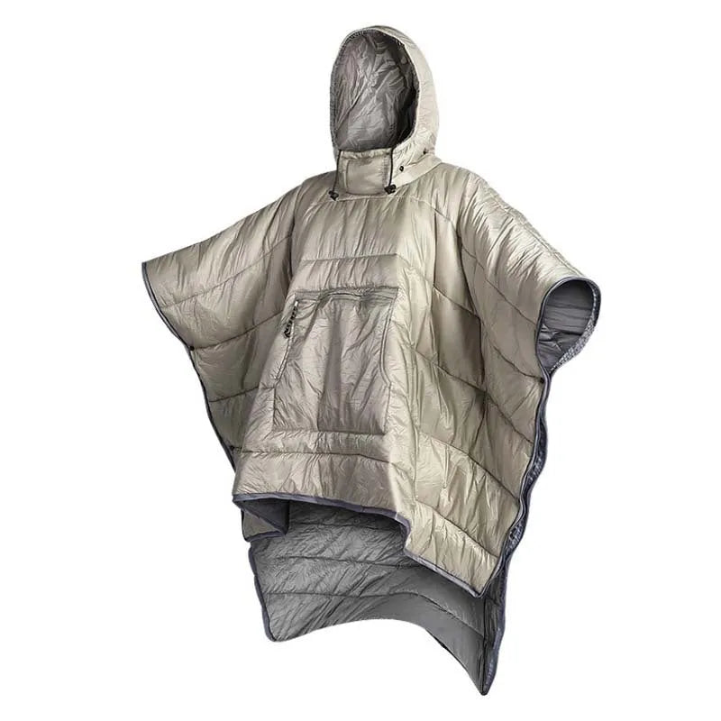 Army Green wearable cloak sleeping bag unfolded showing 200x140cm dimensions and cape design