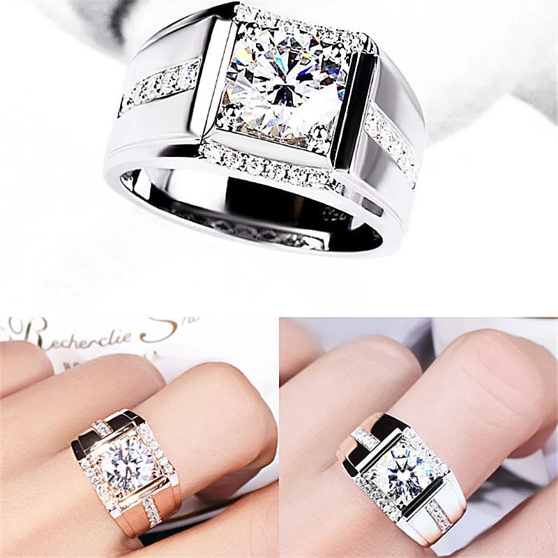 Adjustable high carbon diamond zircon men's ring in geometric design with electroplated finish