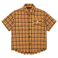 Yellow grid plaid short sleeve shirt with embroidered chest pocket, loose fit casual button-up style
