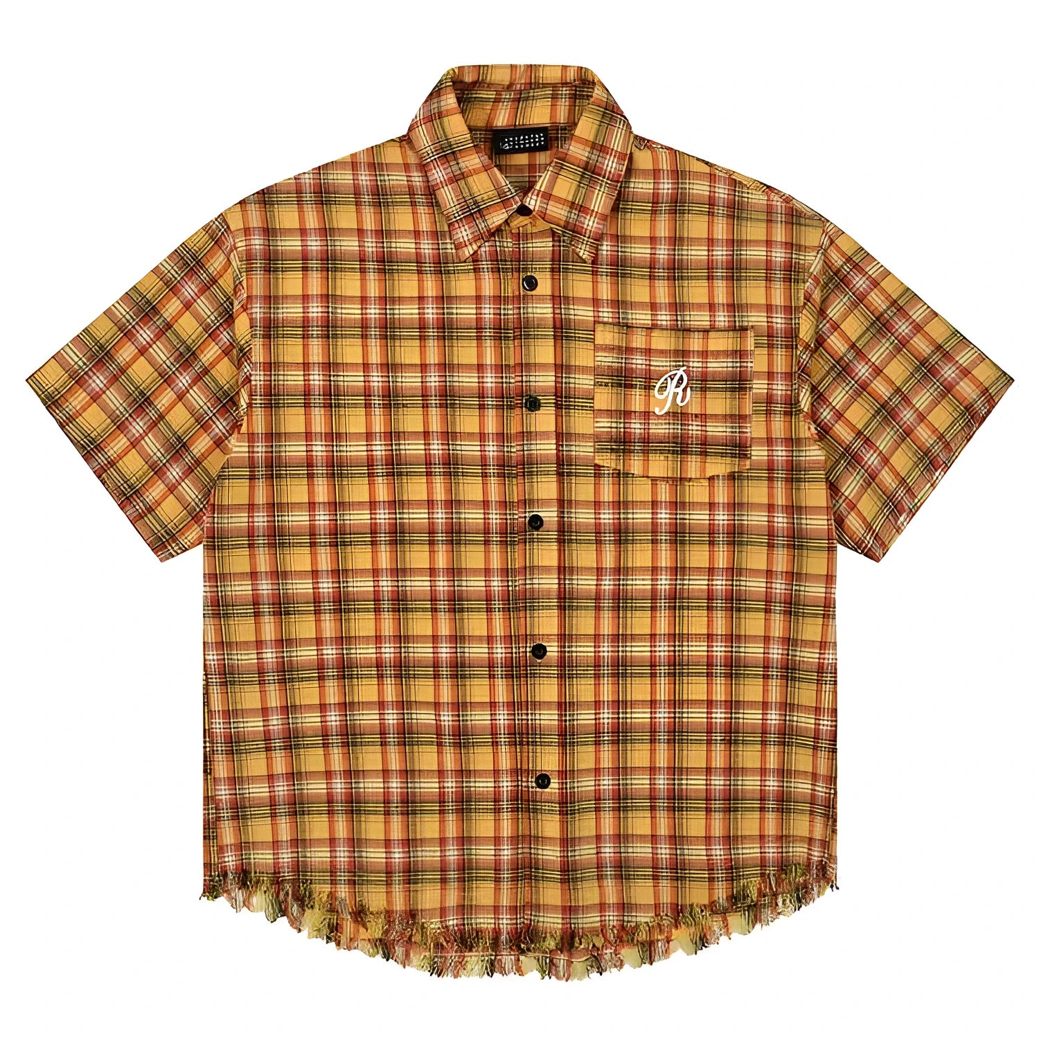 Yellow grid plaid short sleeve shirt with embroidered chest pocket, loose fit casual button-up style