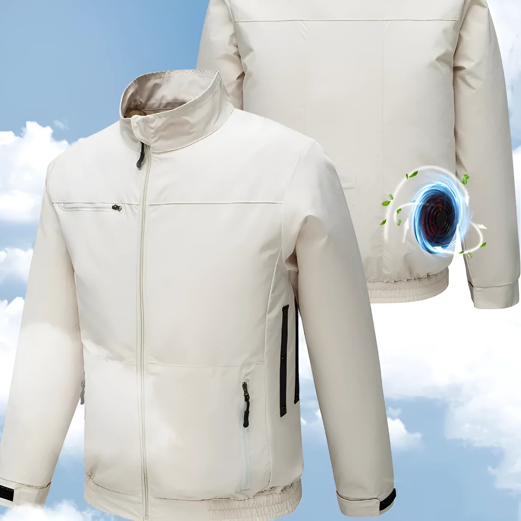 Smart air conditioning work jacket in black with fan holes, made from polyester blend fabric for summer outdoor use.