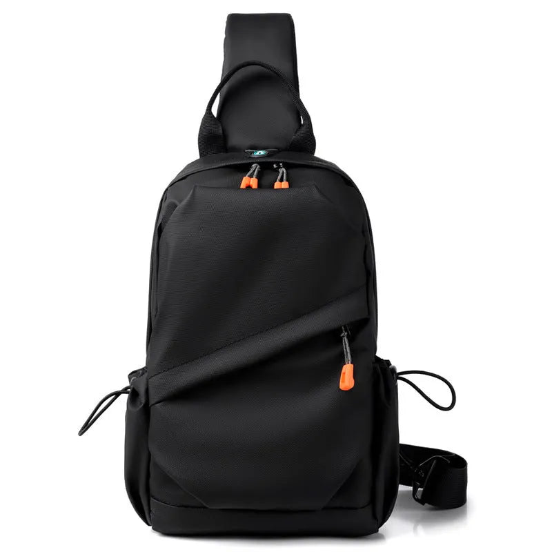 Men's black casual crossbody bag with a single shoulder strap made from waterproof polyester.