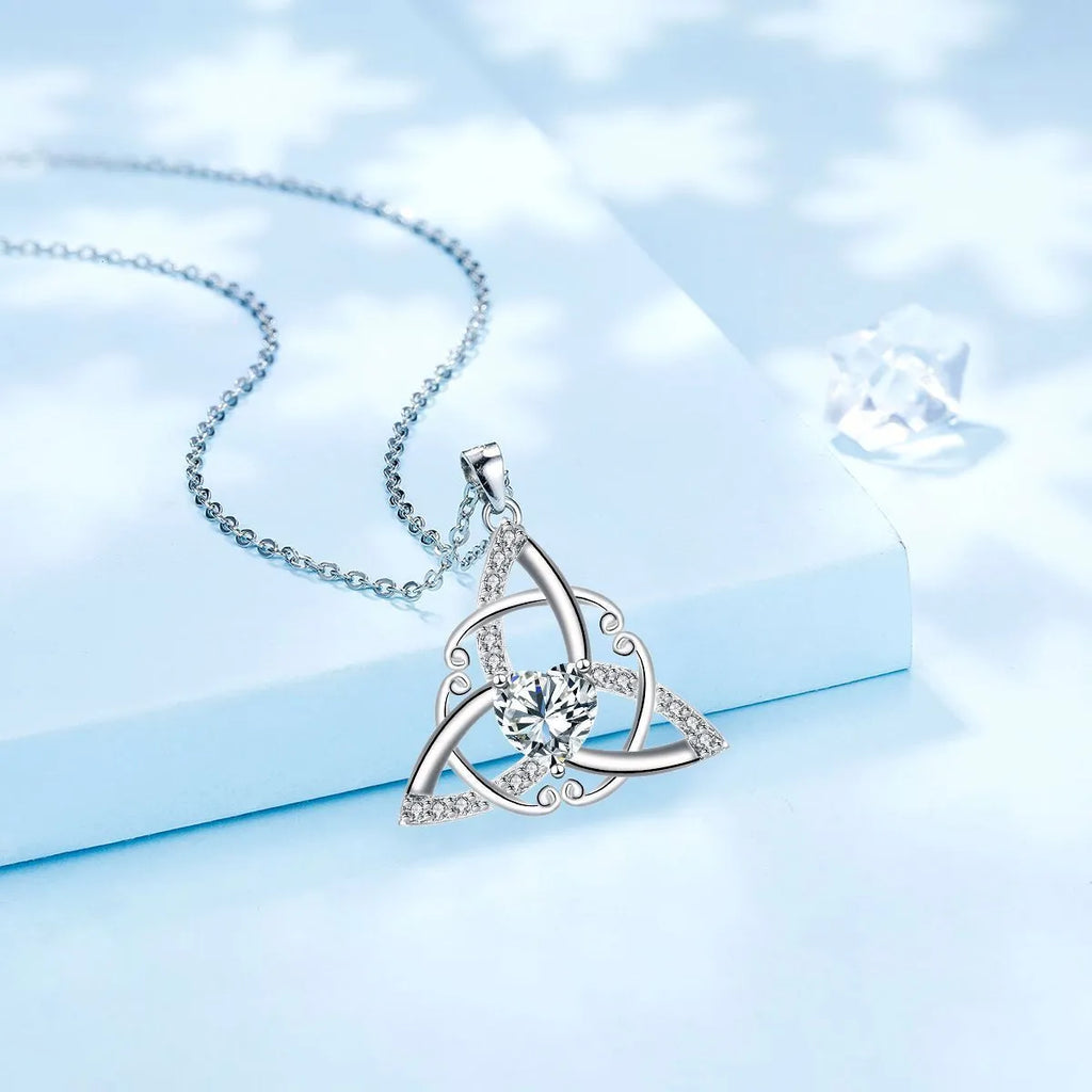 Geometric Celtic knot copper necklace for women showing blue electroplated colour option.