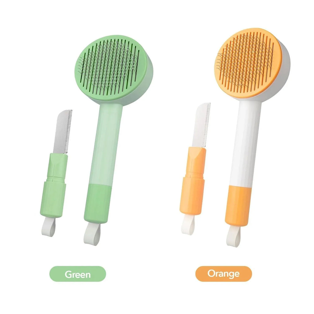 Green and yellow 2-in-1 pet grooming brush with stainless steel bristles for cats and dogs
