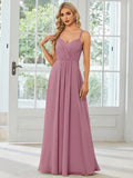 Women's sleeveless A-line long pleated dress in light green polyester fabric.
