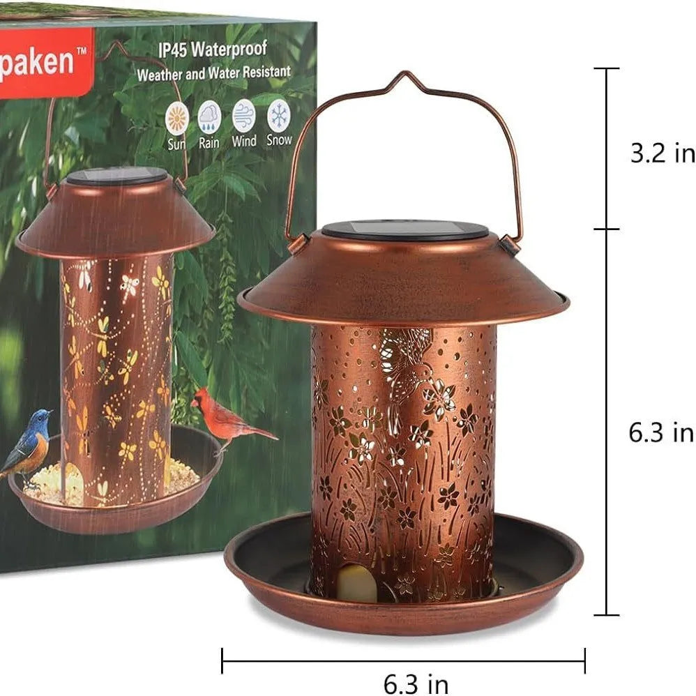 Solar-powered bird feeder lamp with hummingbird pattern iron art design for outdoor garden use