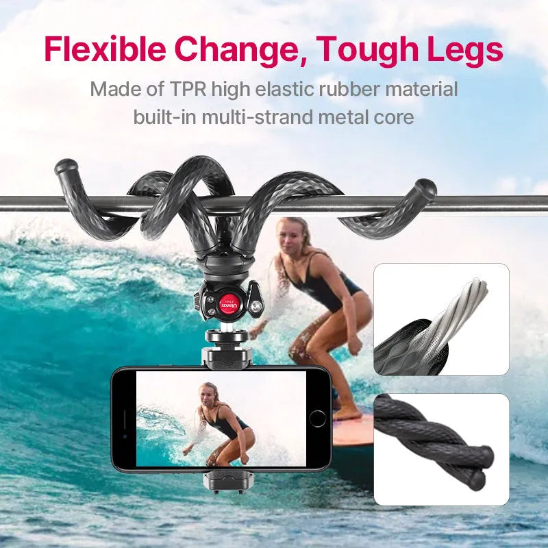 Black octopus leg mobile phone tripod with adjustable height and included phone clip