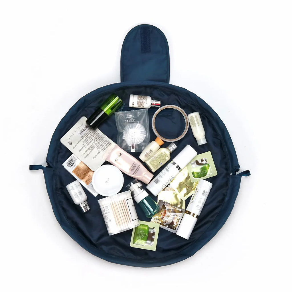 Large waterproof polyester drawstring makeup bag in cube shape for travel storage of cosmetics and toiletries