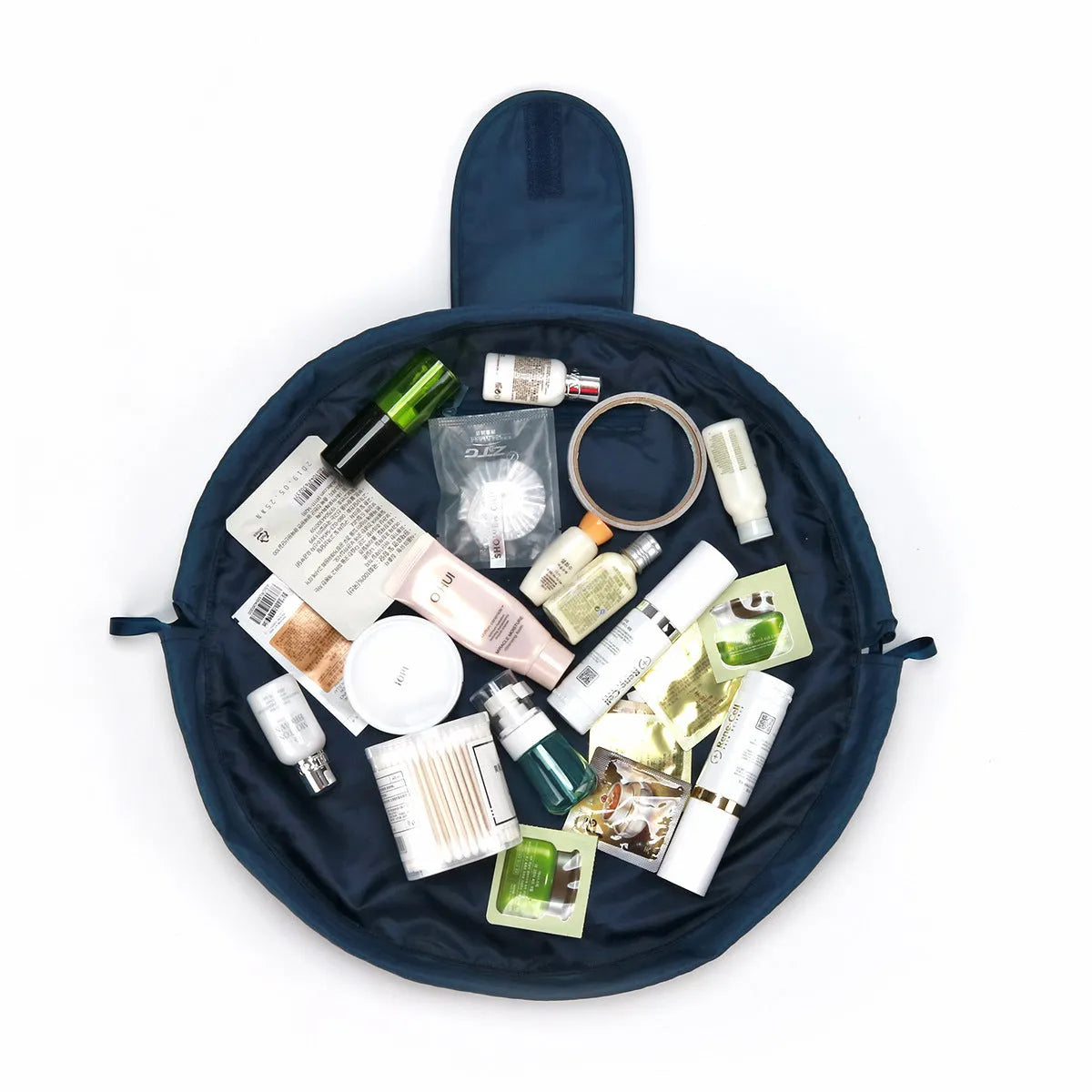 Large waterproof polyester drawstring makeup bag in cube shape for travel storage of cosmetics and toiletries