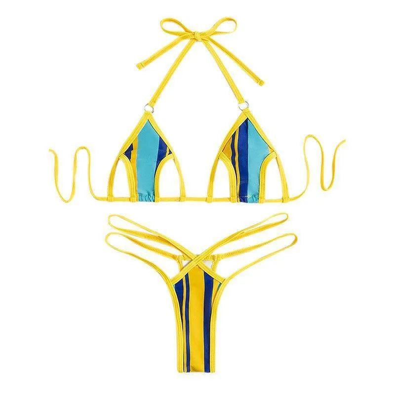 Yellow women's one-piece swimsuit with a neck-hanging strap and backless hollow design.