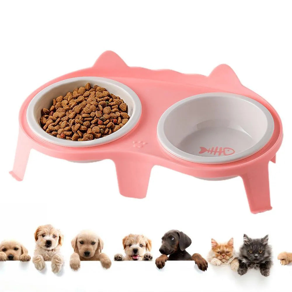 Ceramic cat food and water bowl set on elevated stand with storage hook in blue colour