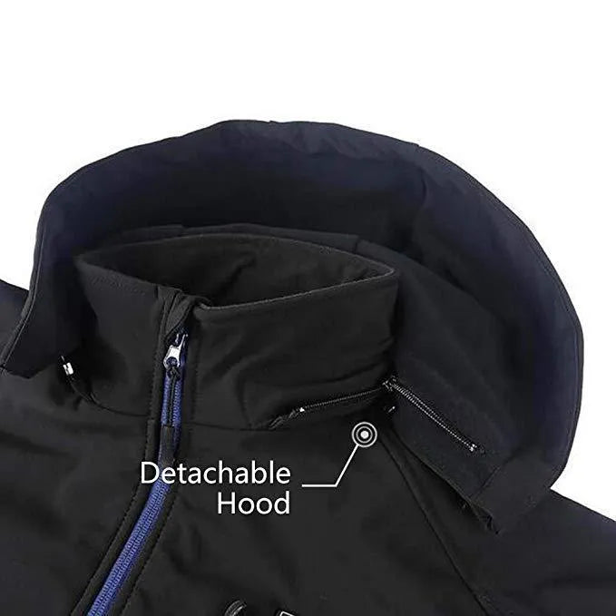 Black USB heated waterproof windproof thermal coat for men with long sleeves and straight hem.