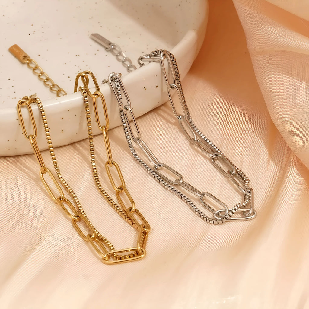 Double layer titanium steel women's bracelet with geometric design in gold or silver finish
