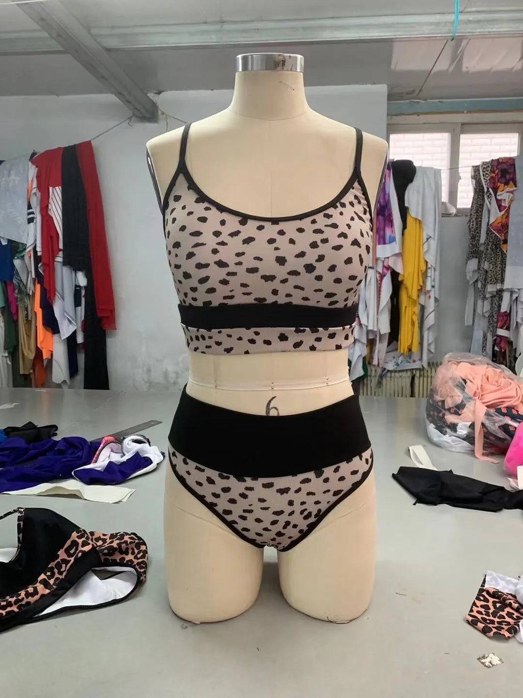 Women's high waist split bikini swimsuit in leopard print and white colour options