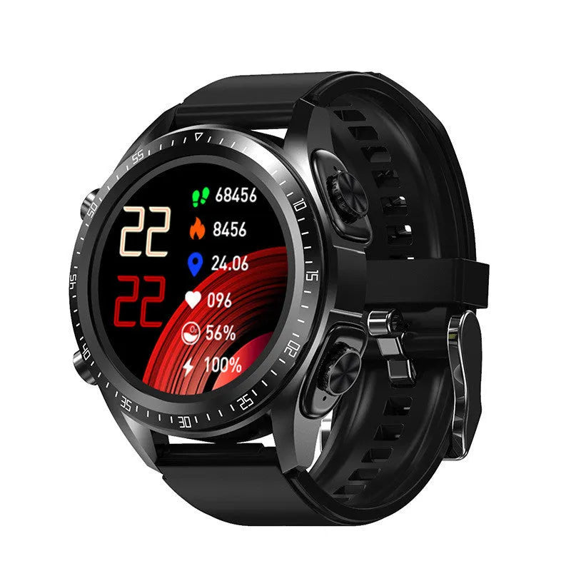 Black smartwatch with blood pressure monitoring on silicone strap showing health metrics on screen