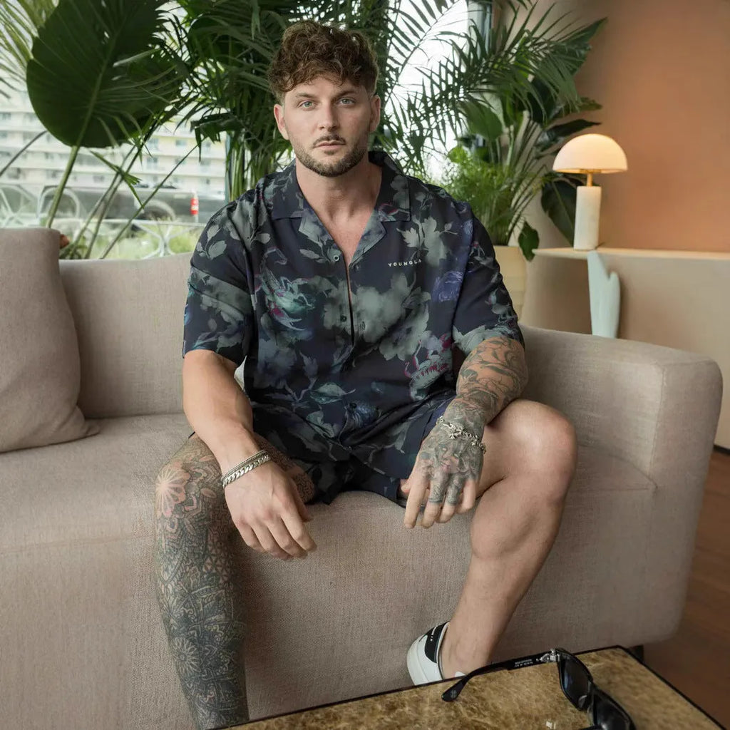 Men's loose fit short sleeve top with flower pattern printing in neutral colour options