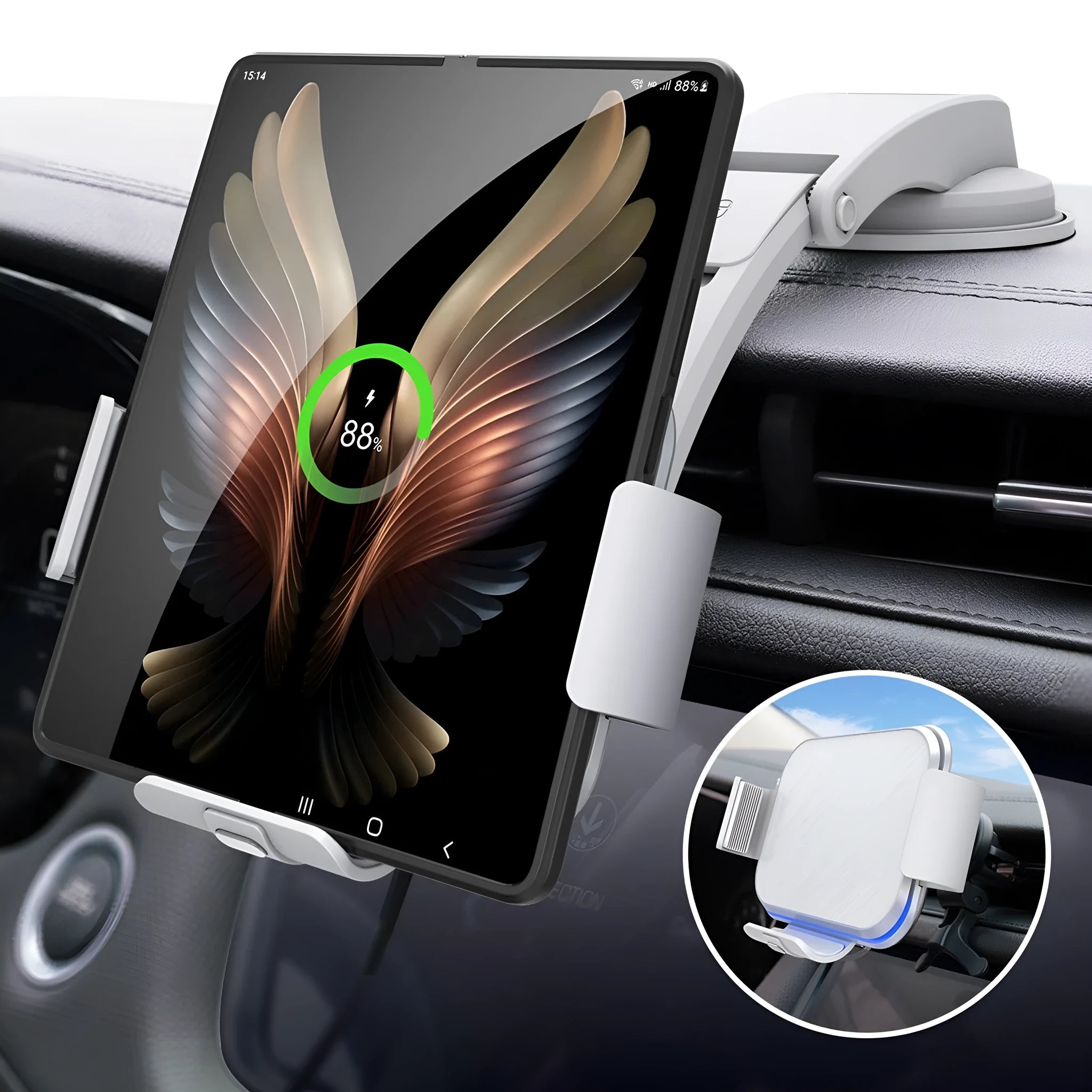 Grey car phone holder with folding screen showing wireless charging area and included mounting accessories