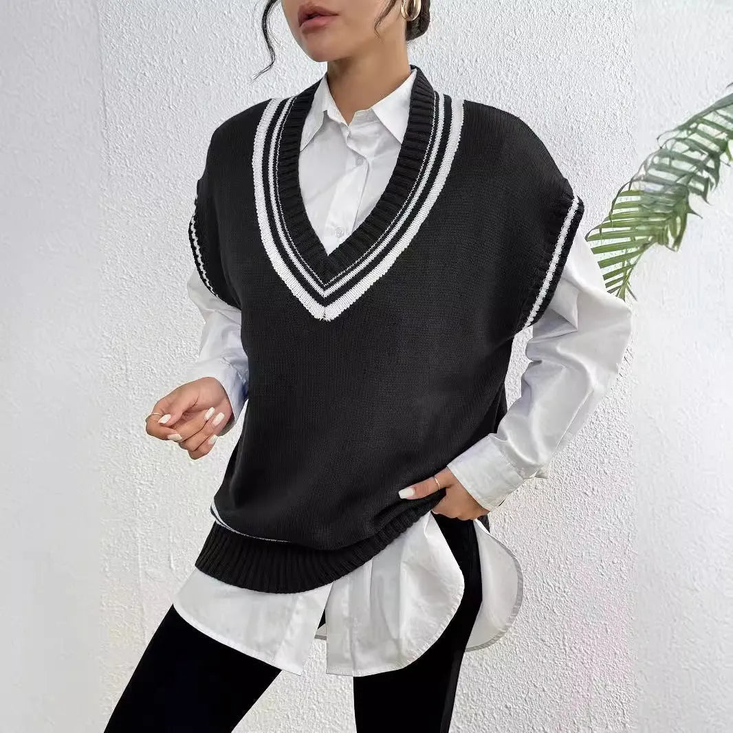 Women's loose fit college-style vest sweater in acrylic blend fabric