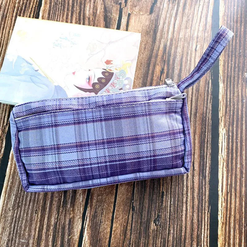 Double-layer canvas stationery bag in striped grid pattern, square shape, casual style