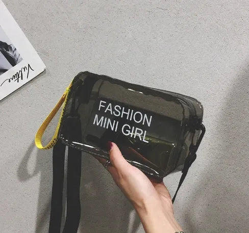 Transparent square jelly women's shoulder bag with an adjustable long strap, shown in multiple colours.
