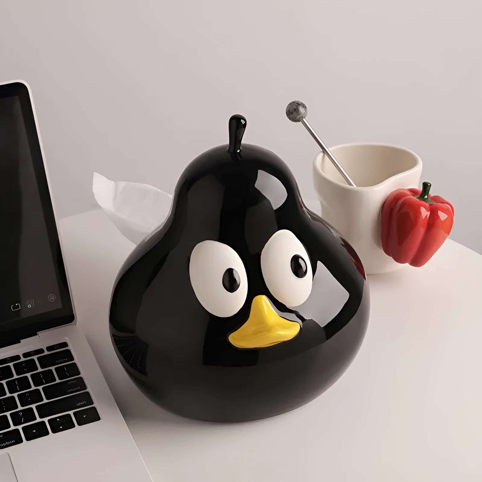 White ceramic pear-shaped tissue box holder in cute design with green colour option