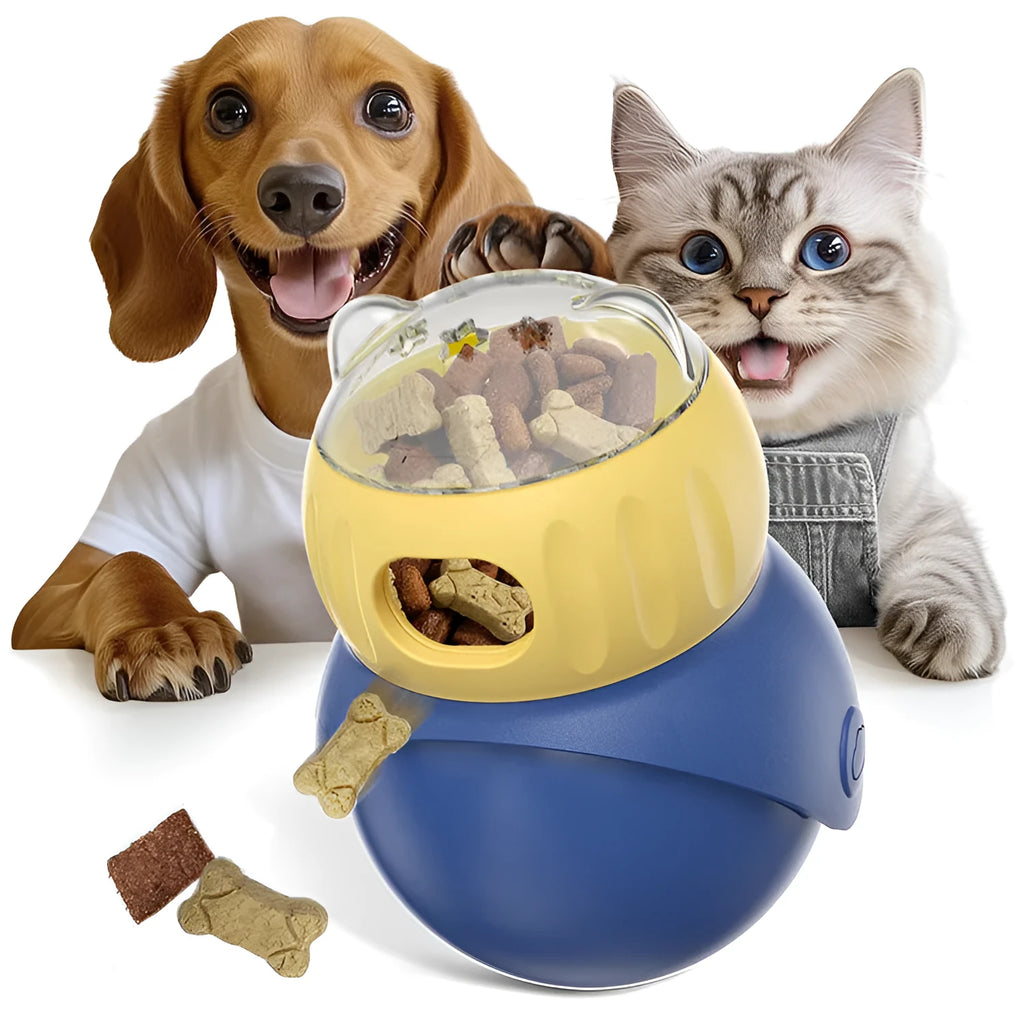 Yellow and blue owl-shaped tumbler puzzle feeder for cats with sliding ball treat mechanism