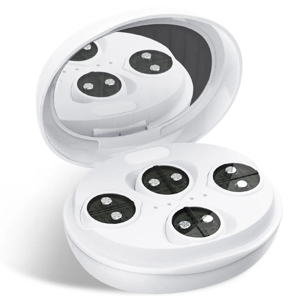 White wireless red light and EMS eye and face massager for home beauty treatment.