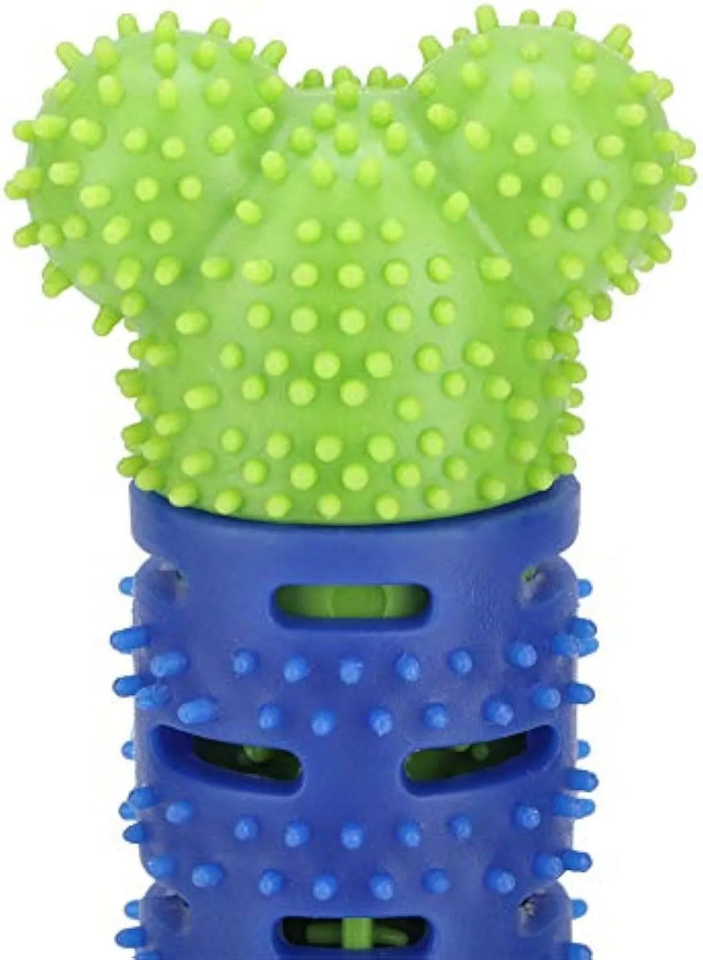 Blue green silicone dog toothbrush toy with serrated brush head for dental cleaning