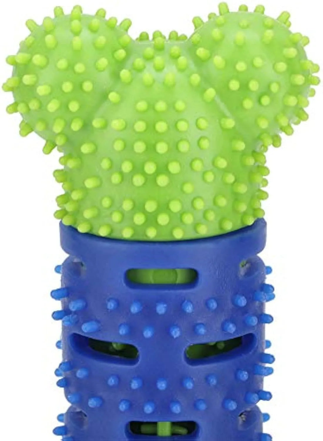 Blue green silicone dog toothbrush toy with serrated brush head for dental cleaning