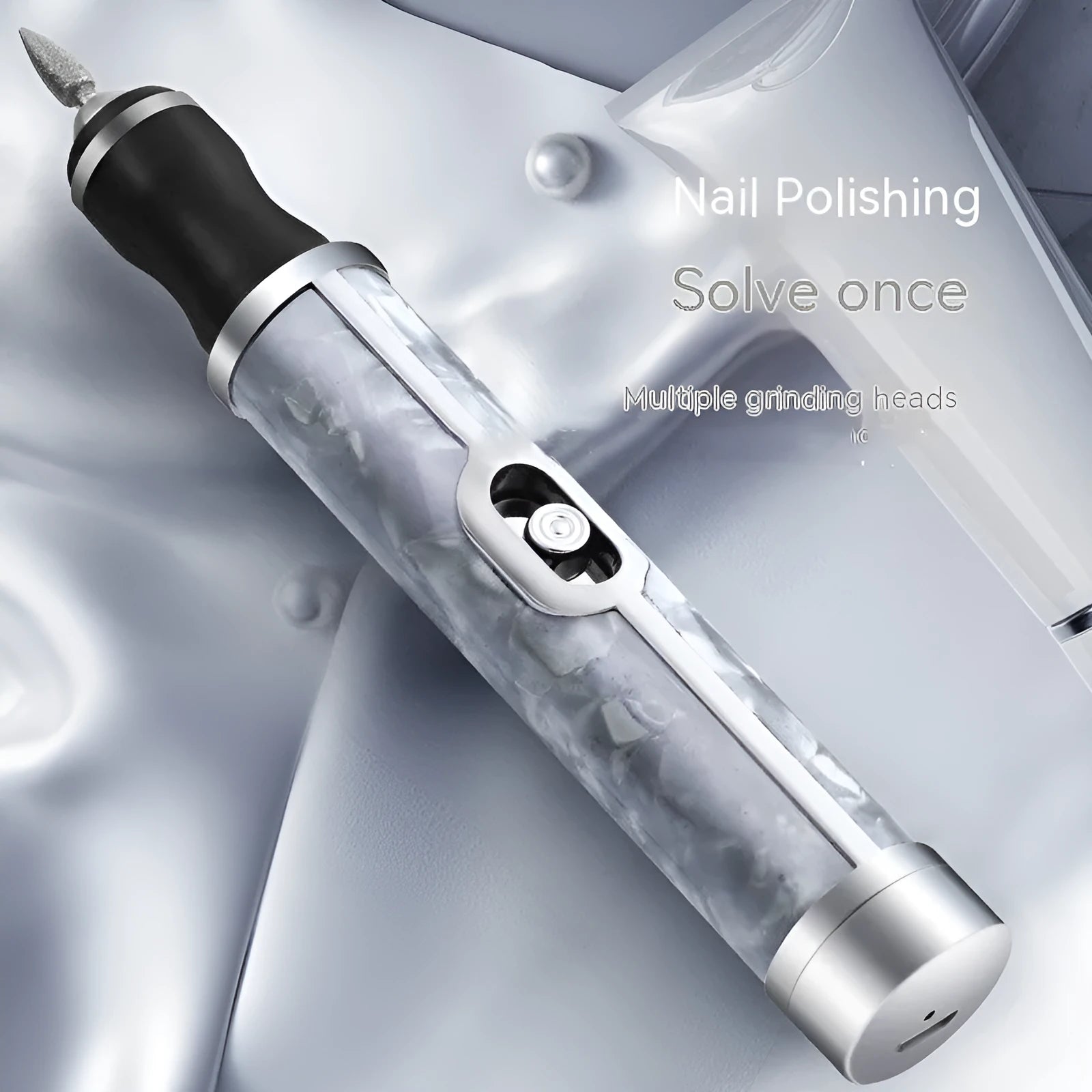 Pink portable nail polishing machine with USB cable on white background, 12.5 cm length