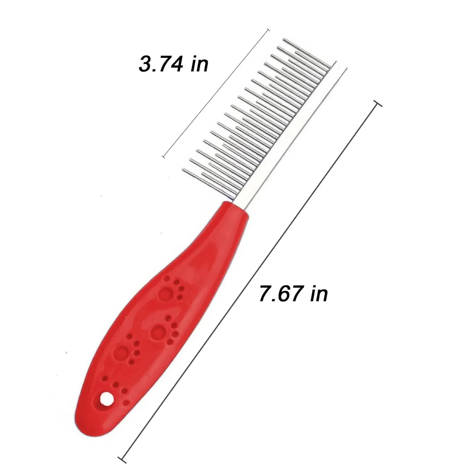 Red pet grooming comb with long and short stainless steel teeth and a plastic anti-slip handle.
