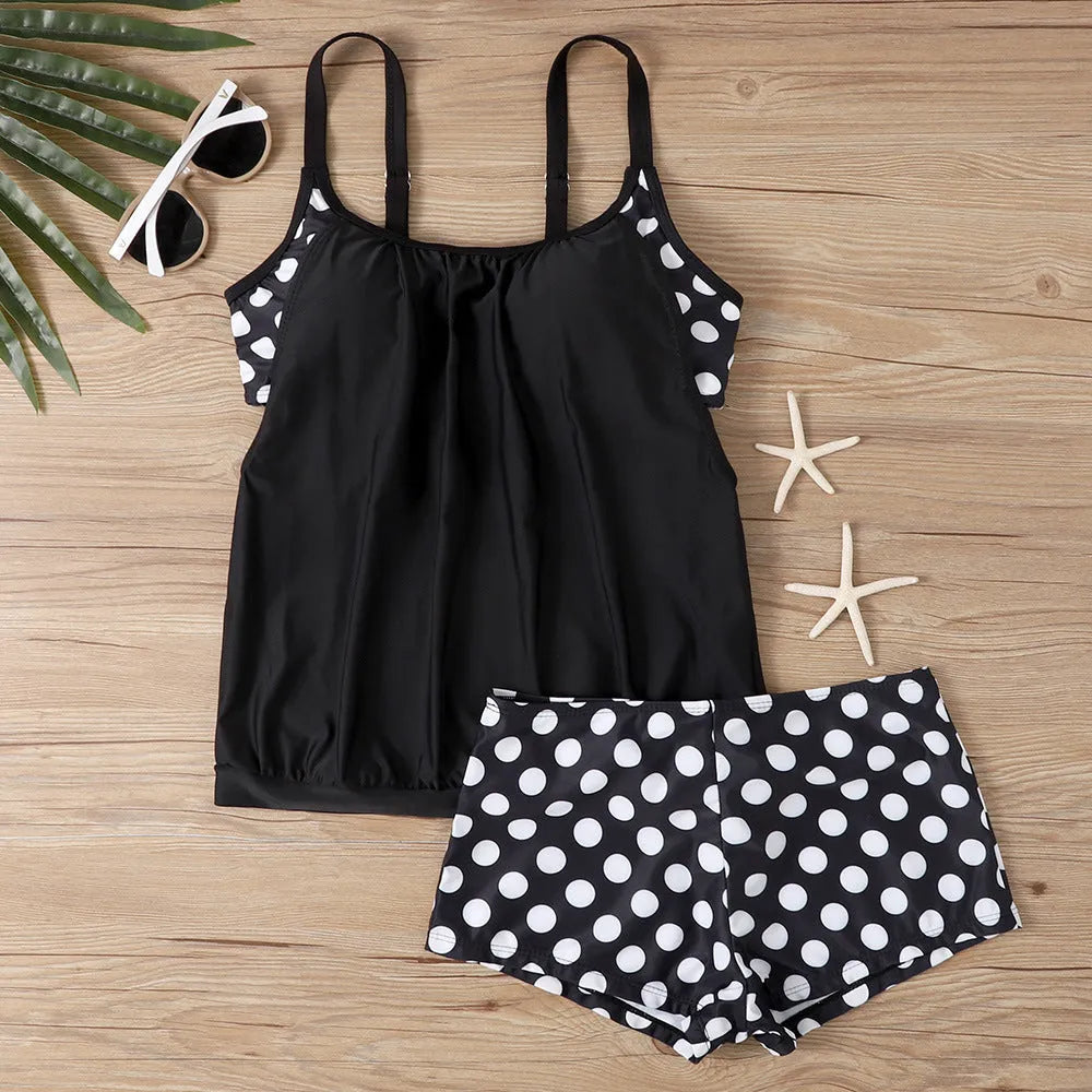 Women's black polka dot high waist boxer swimsuit, two-piece set for swimming.