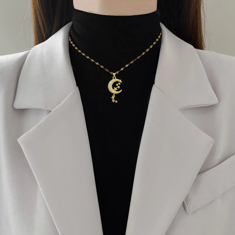 Geometric moon tassel necklace with stainless steel chain and copper pendant