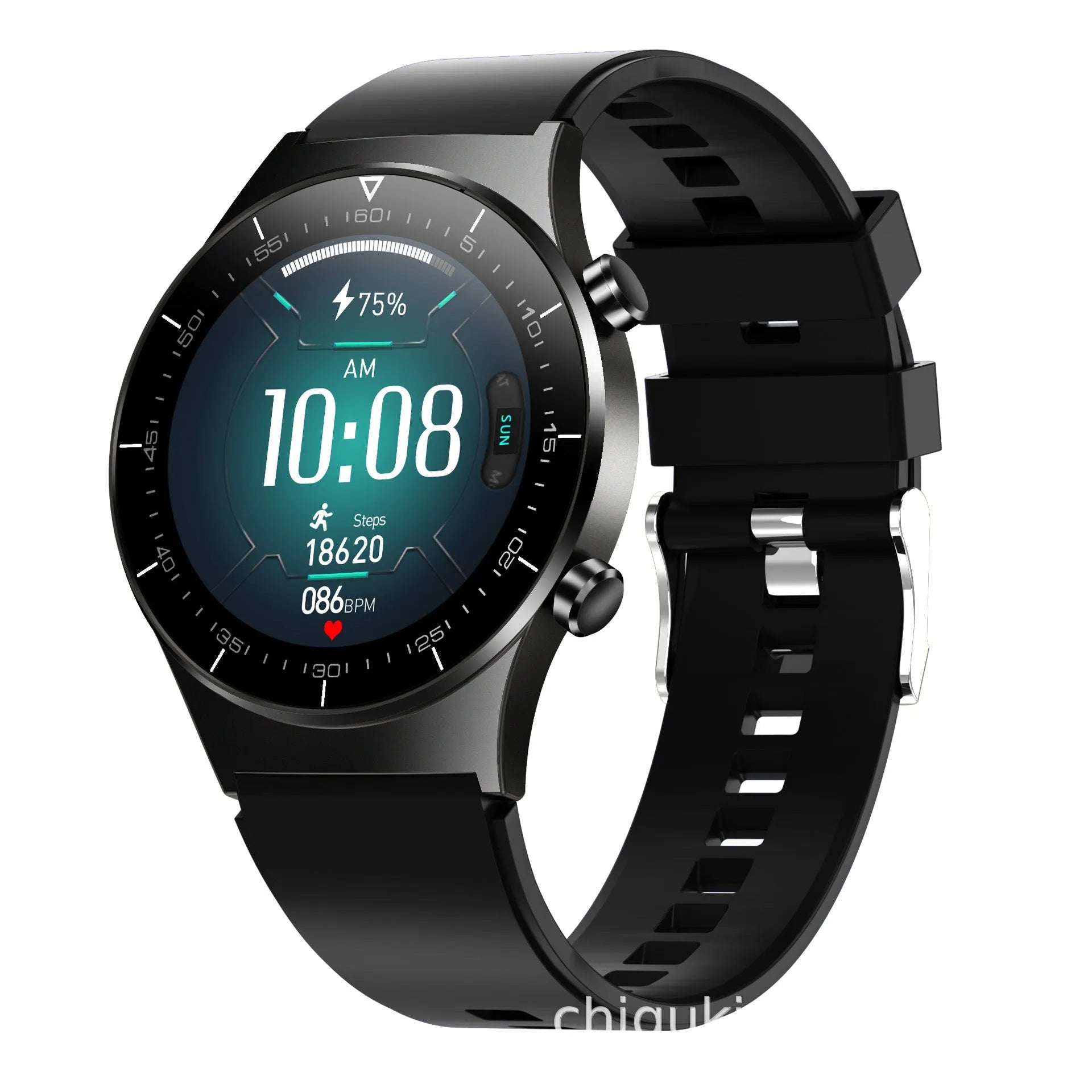 Black smart watch with heart rate monitoring on TPU wristband showing 1.28-inch touch screen display