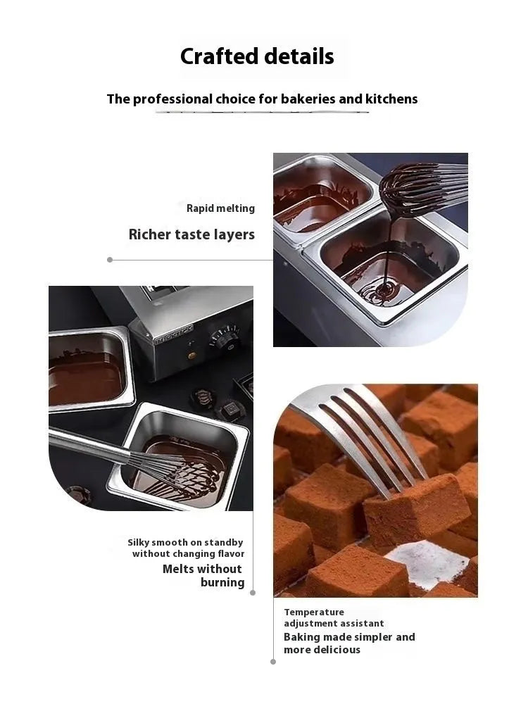 Commercial electric double pot chocolate melting machine with digital temperature display.